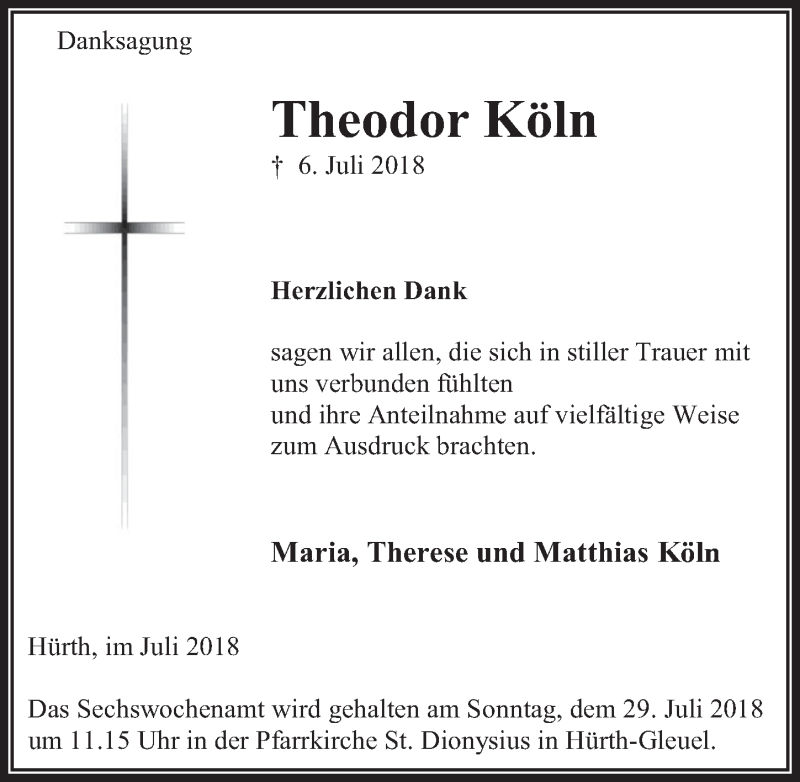  Traueranzeige für Theodor Köln vom 25.07.2018 aus  Wochenende 
