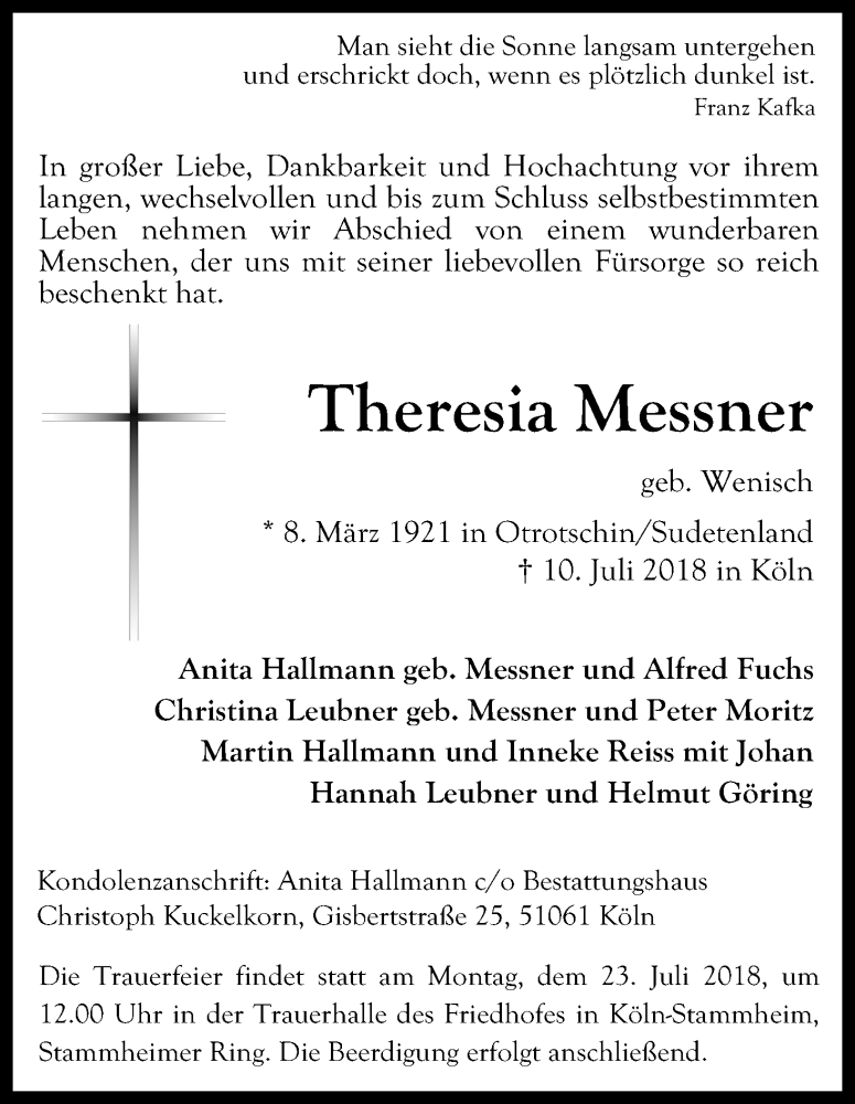  Traueranzeige für Theresia Messner vom 14.07.2018 aus GS