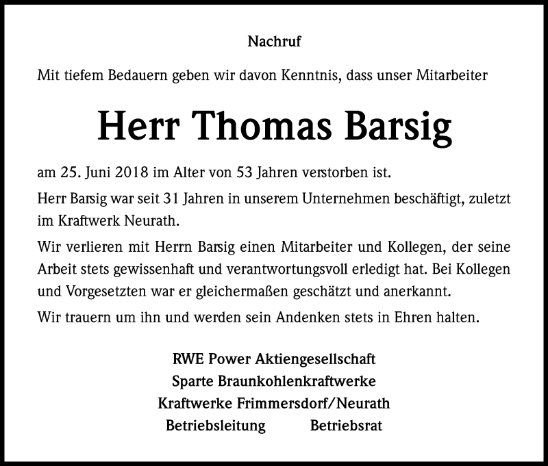  Traueranzeige für Thomas Barsig vom 12.07.2018 aus BG