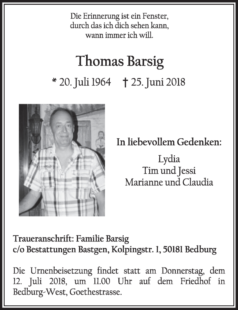  Traueranzeige für Thomas Barsig vom 07.07.2018 aus  Sonntags-Post 