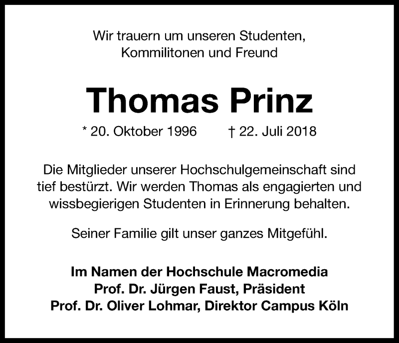  Traueranzeige für Thomas Prinz vom 28.07.2018 aus HS