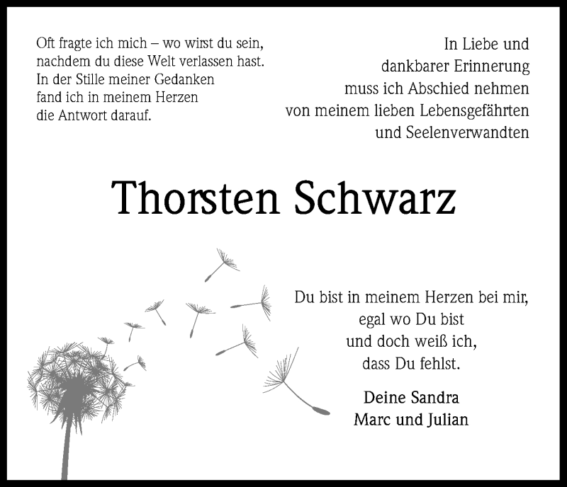  Traueranzeige für Thorsten Schwarz vom 21.07.2018 aus HS