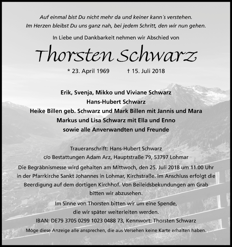  Traueranzeige für Thorsten Schwarz vom 21.07.2018 aus HS