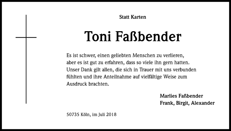  Traueranzeige für Toni Faßbender vom 21.07.2018 aus GS