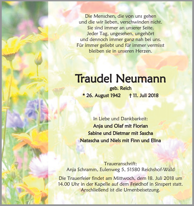  Traueranzeige für Traudel Neumann vom 14.07.2018 aus OB