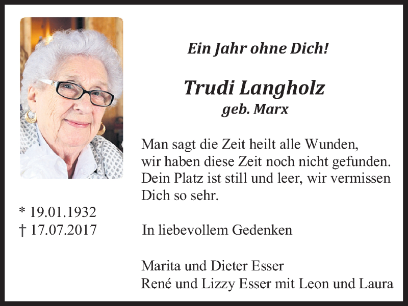  Traueranzeige für Trudi Langholz vom 17.07.2018 aus Köln - Wir Trauern
