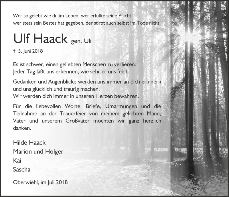  Traueranzeige für Ulf Haack vom 25.07.2018 aus  Anzeigen Echo 