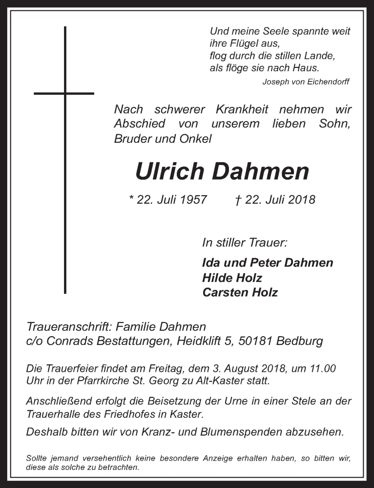  Traueranzeige für Ulrich Dahmen vom 01.08.2018 aus  Werbepost 