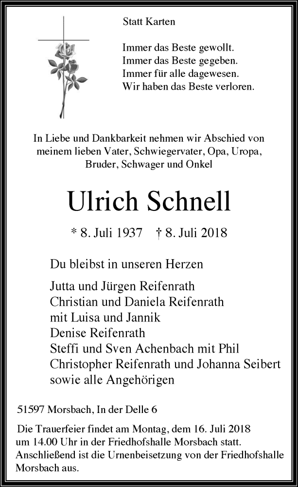  Traueranzeige für Ulrich Schnell vom 11.07.2018 aus  Lokalanzeiger 