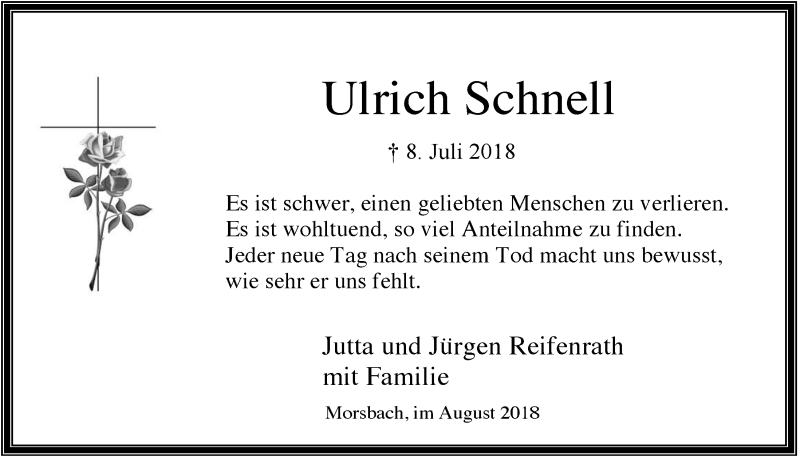  Traueranzeige für Ulrich Schnell vom 01.08.2018 aus  Lokalanzeiger 