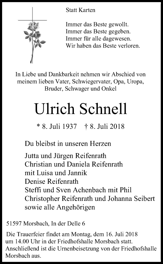  Traueranzeige für Ulrich Schnell vom 11.07.2018 aus OB