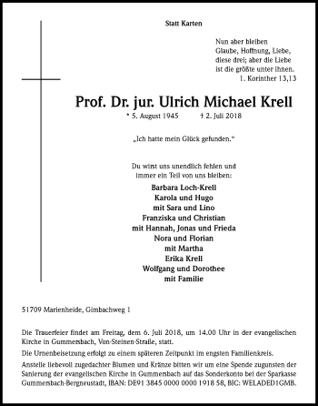 Anzeige von Ulrich Michael Krell von OB