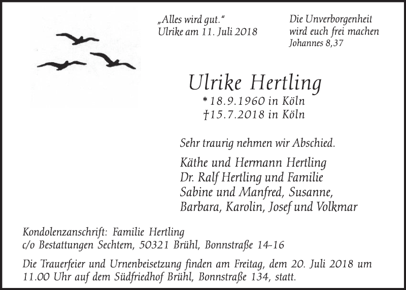  Traueranzeige für Ulrike Hertling vom 18.07.2018 aus  Schlossbote/Werbekurier 