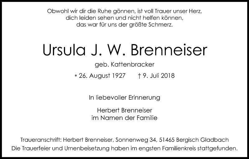  Traueranzeige für Ursula Brenneiser vom 21.07.2018 aus RB