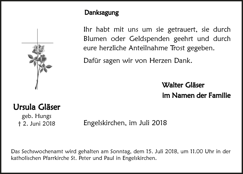  Traueranzeige für Ursula Gläser vom 11.07.2018 aus  Anzeigen Echo 