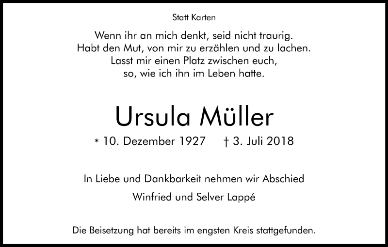  Traueranzeige für Ursula Müller vom 21.07.2018 aus RB