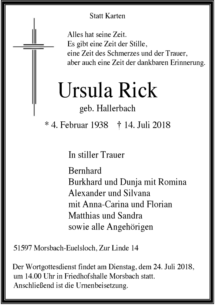  Traueranzeige für Ursula Rick vom 18.07.2018 aus  Lokalanzeiger 