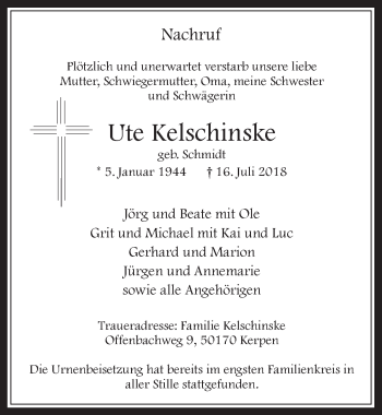 Anzeige von Ute Kelschinske von  Werbepost 