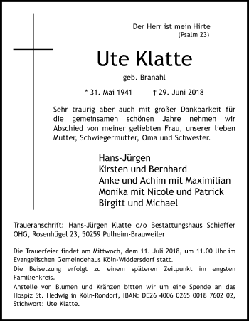 Anzeige von Ute Klatte von GS