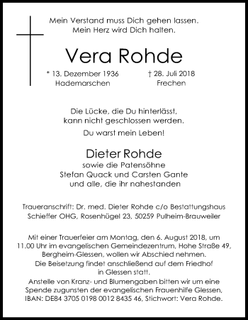 Anzeige von Vera Rohde von Kölner Stadt-Anzeiger / Kölnische Rundschau / Express