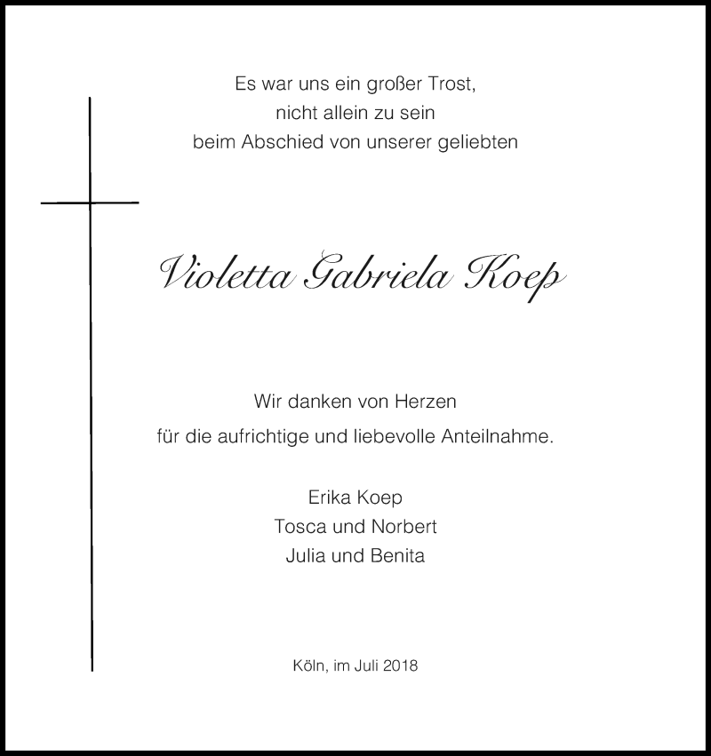  Traueranzeige für Violetta Gabriela Koep vom 14.07.2018 aus GS