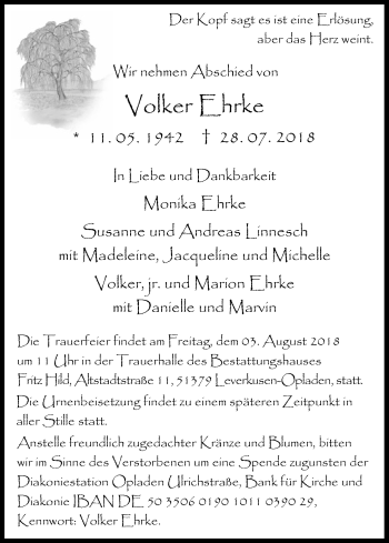 Anzeige von Volker Ehrke von Kölner Stadt-Anzeiger / Kölnische Rundschau / Express