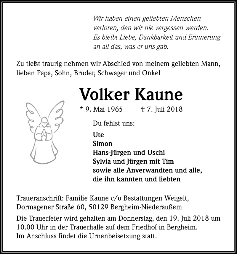  Traueranzeige für Volker Kaune vom 14.07.2018 aus GS