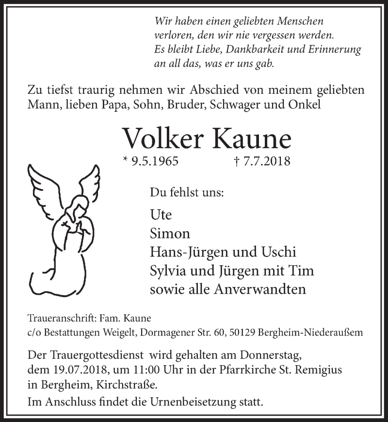  Traueranzeige für Volker Kaune vom 14.07.2018 aus  Sonntags-Post 