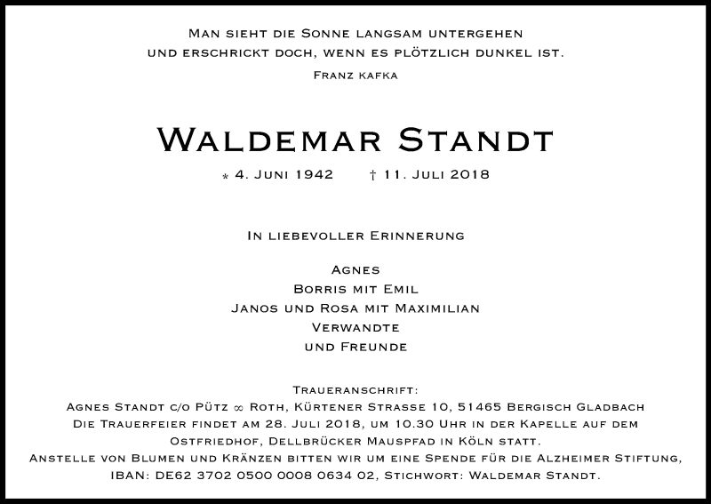  Traueranzeige für Waldemar Standt vom 21.07.2018 aus GS