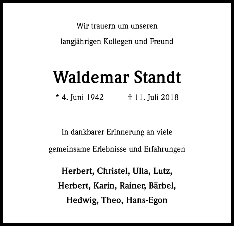  Traueranzeige für Waldemar Standt vom 21.07.2018 aus GS