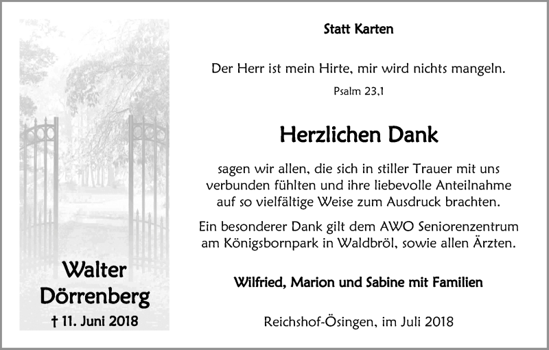  Traueranzeige für Walter Dörrenberg vom 31.07.2018 aus OB
