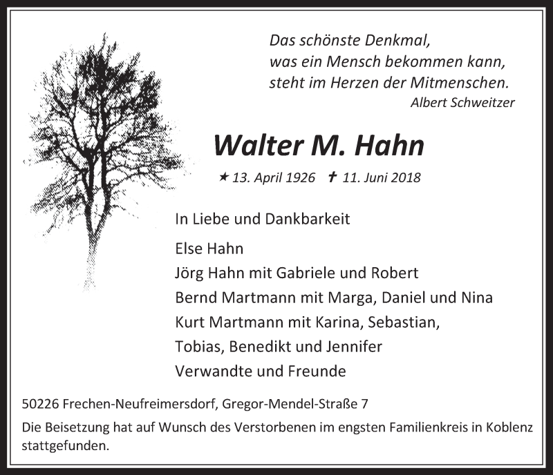 Traueranzeige für Walter Hahn vom 25.07.2018 aus  Wochenende 