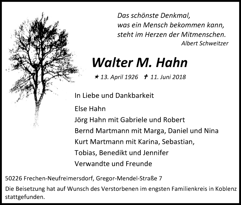  Traueranzeige für Walter Hahn vom 21.07.2018 aus KL