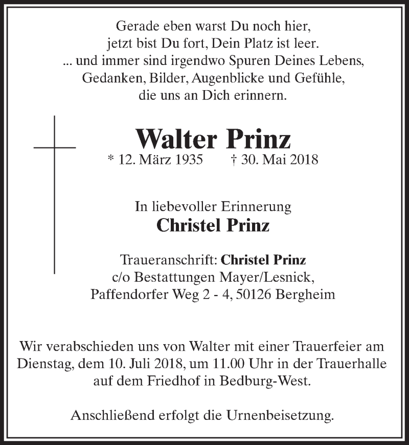  Traueranzeige für Walter Prinz vom 07.07.2018 aus  Sonntags-Post 