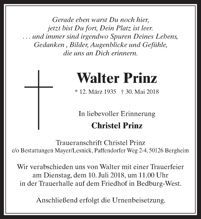  Traueranzeige für Walter Prinz vom 04.07.2018 aus  Werbepost 