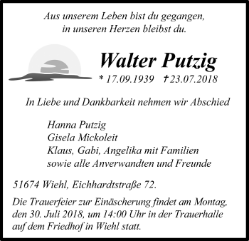 Anzeige von Walter Putzig von OB
