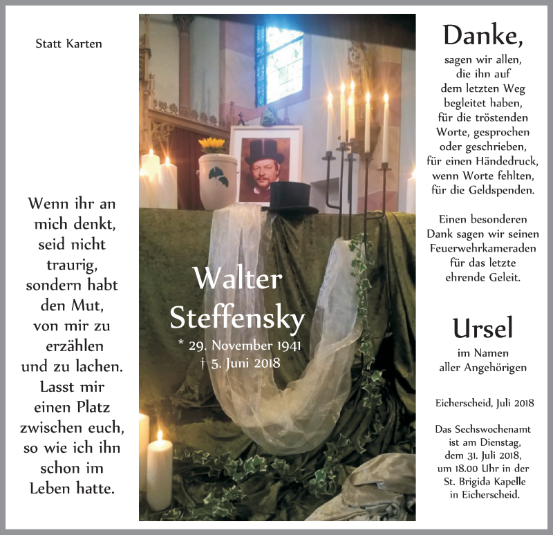  Traueranzeige für Walter Steffensky vom 14.07.2018 aus  Blickpunkt Euskirchen 