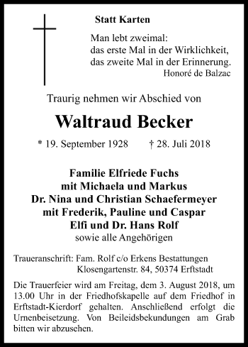 Anzeige von Waltraud Becker von Kölner Stadt-Anzeiger / Kölnische Rundschau / Express