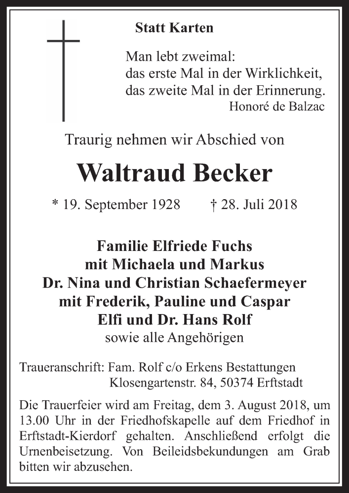  Traueranzeige für Waltraud Becker vom 01.08.2018 aus  Werbepost 