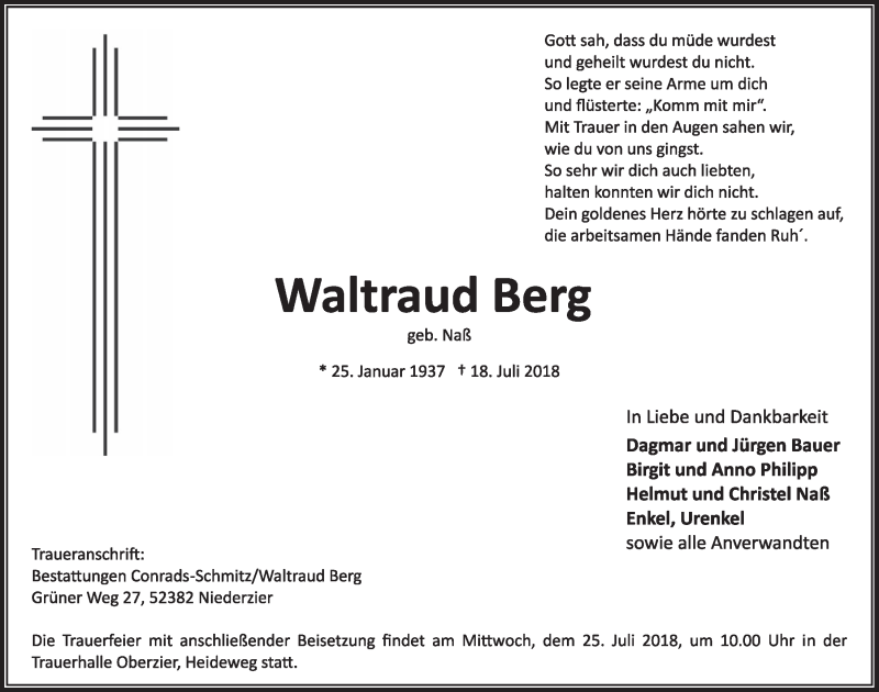  Traueranzeige für Waltraud Berg vom 21.07.2018 aus  Sonntags-Post 
