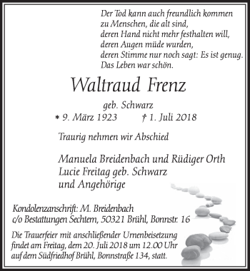 Anzeige von Waltraud Frenz von  Schlossbote/Werbekurier 