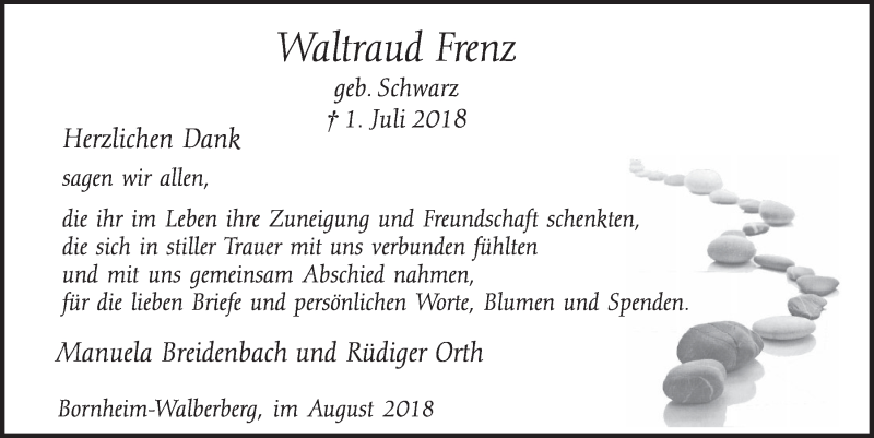  Traueranzeige für Waltraud Frenz vom 01.08.2018 aus  Schlossbote/Werbekurier 
