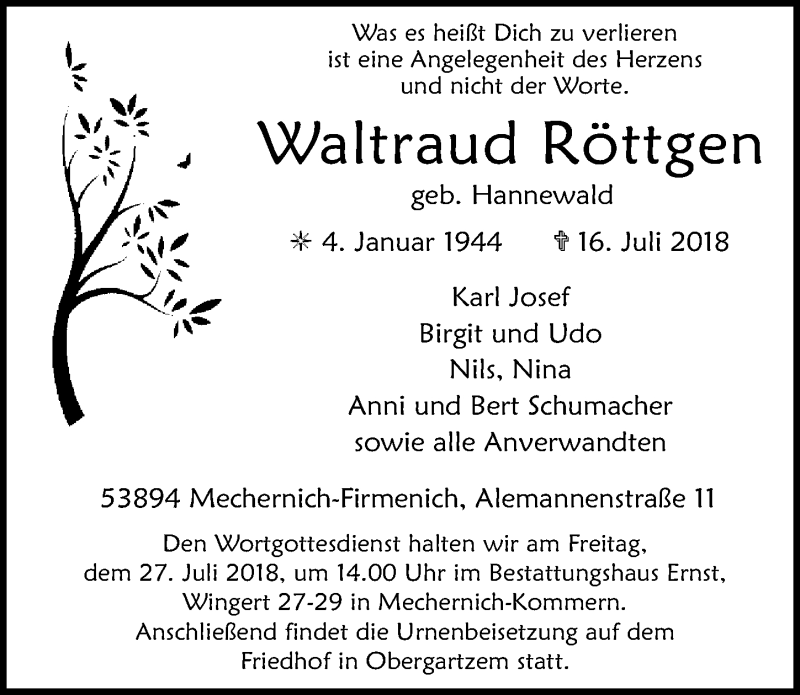  Traueranzeige für Waltraud Röttgen vom 21.07.2018 aus  Blickpunkt Euskirchen 
