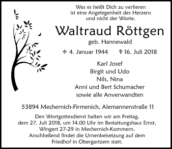 Anzeige von Waltraud Röttgen von  Blickpunkt Euskirchen 