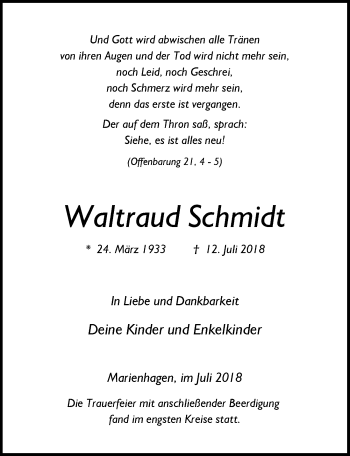 Anzeige von Waltraud Schmidt von  Anzeigen Echo 
