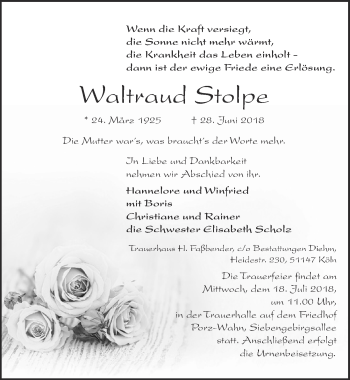 Anzeige von Waltraud Stolpe von  Kölner Wochenspiegel 