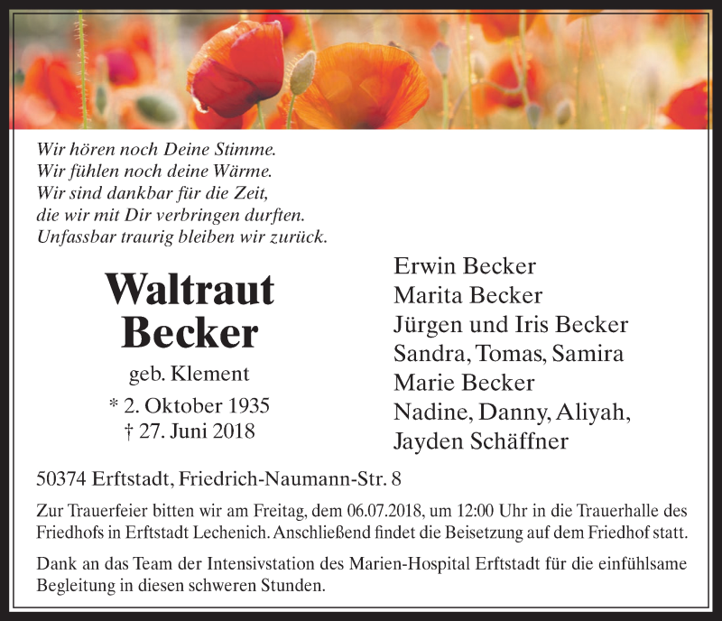  Traueranzeige für Waltraut Becker vom 04.07.2018 aus  Werbepost 
