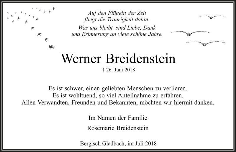  Traueranzeige für Werner Breidenstein vom 25.07.2018 aus  Bergisches Handelsblatt 