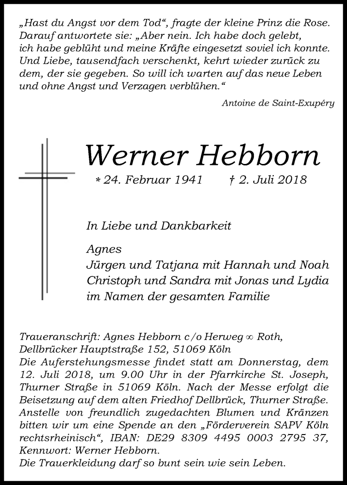  Traueranzeige für Werner Hebborn vom 07.07.2018 aus GS