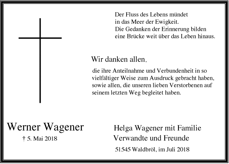  Traueranzeige für Werner Wagener vom 04.07.2018 aus  Lokalanzeiger 
